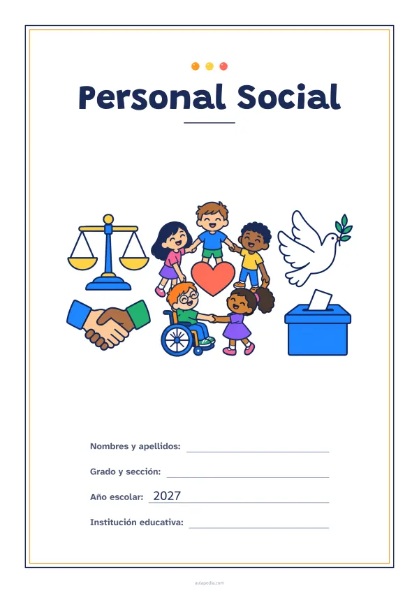Portada de «Personal Social» a color, con un marco fino de doble línea y mucho blanco. Dibujo: una balanza, dos manos que se estrechan, cinco niñas y niños en corro alrededor de un corazón (uno de ellos, en silla de ruedas), una paloma y una urna con una papeleta.