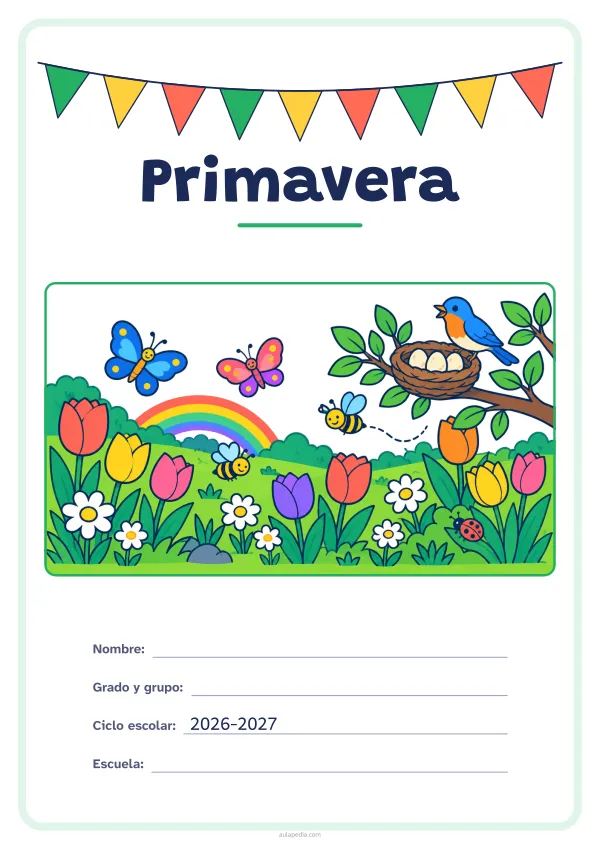 Portada de «Primavera» a color, con una guirnalda de banderines sobre el título. Dibujo: un prado con tulipanes y margaritas, mariposas, abejas, un pájaro junto a su nido con tres huevos, un arcoíris y una mariquita.