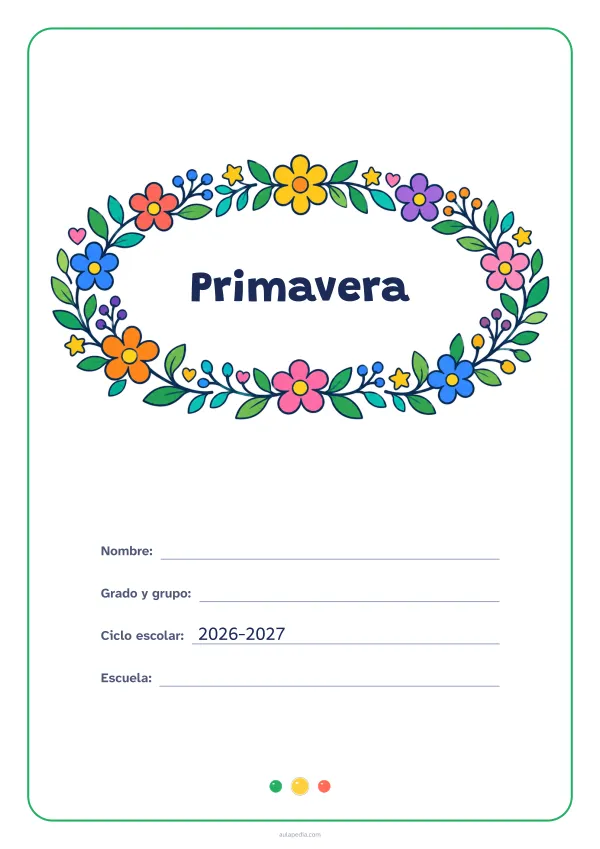 Portada de «Primavera» a color, con el título dentro de una corona de hojas y flores. Dibujo: una corona ovalada de hojas, flores, estrellas y corazones, con el centro vacío para el título.
