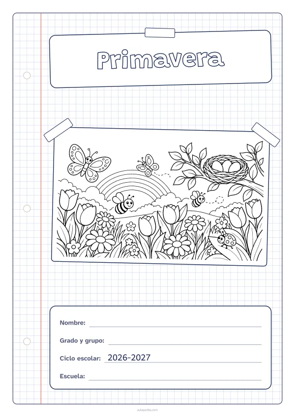 Portada de «Primavera» para colorear, con una hoja cuadriculada con margen, el título en un cartel y el dibujo pegado como una foto. Dibujo: un prado con tulipanes y margaritas, mariposas, abejas, un nido con huevos en una rama, un arcoíris y una mariquita.