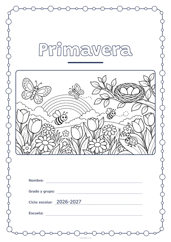 Portada de «Primavera» para colorear, con un marco redondeado de gomets de varios tamaños. Dibujo: un prado con tulipanes y margaritas, mariposas, abejas, un nido con huevos en una rama, un arcoíris y una mariquita.