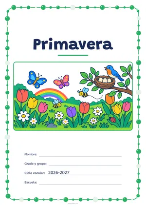 Portada de «Primavera» a color, con un marco redondeado de gomets de varios tamaños. Dibujo: un prado con tulipanes y margaritas, mariposas, abejas, un pájaro junto a su nido con tres huevos, un arcoíris y una mariquita.