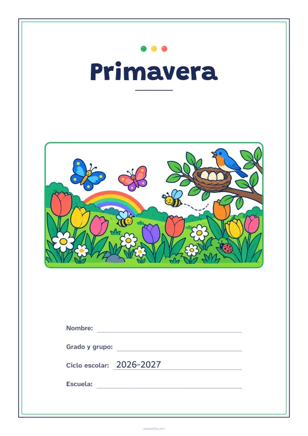 Portada de «Primavera» a color, con un marco fino de doble línea y mucho blanco. Dibujo: un prado con tulipanes y margaritas, mariposas, abejas, un pájaro junto a su nido con tres huevos, un arcoíris y una mariquita.
