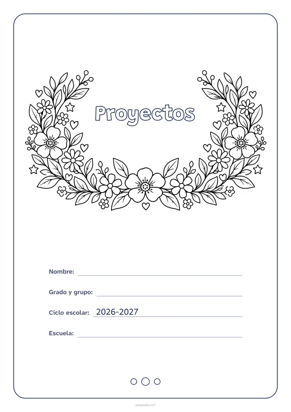 Portada de «Proyectos» para colorear, con el título dentro de una corona de hojas y flores. Dibujo: una corona de hojas, flores, estrellas y corazones, abierta por arriba y con el centro vacío para el título.