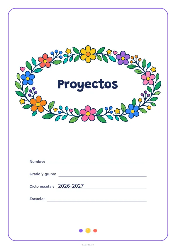 Portada de «Proyectos» a color, con el título dentro de una corona de hojas y flores. Dibujo: una corona ovalada de hojas, flores, estrellas y corazones, con el centro vacío para el título.