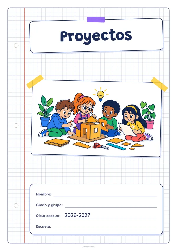 Portada de «Proyectos» a color, con una hoja cuadriculada con margen, el título en un cartel y el dibujo pegado como una foto. Dibujo: cuatro niñas y niños que construyen juntos una maqueta de cartón, con pegamento, tijeras, una regla y un plano, una bombilla encendida y plantas.