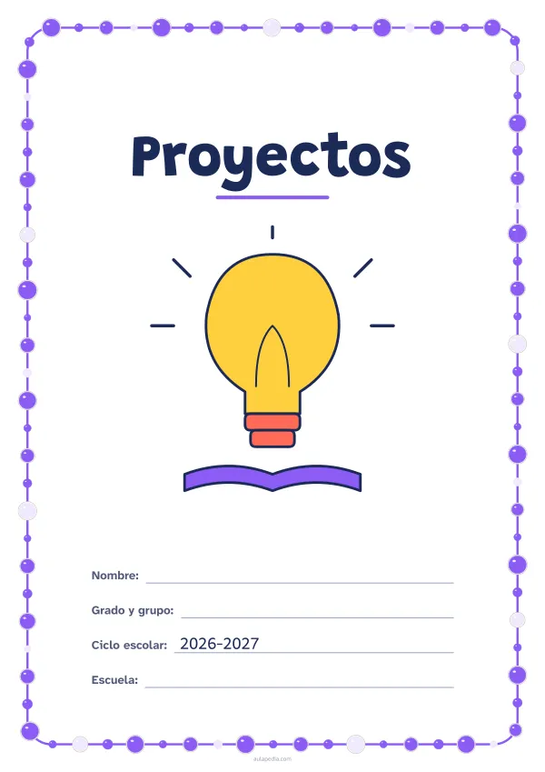 Portada de «Proyectos» a color, con un marco redondeado de gomets de varios tamaños. Dibujo: una bombilla encendida sobre un libro.