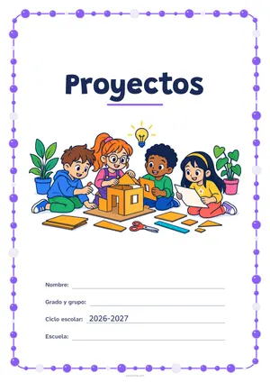 Portada de «Proyectos» a color, con un marco redondeado de gomets de varios tamaños. Dibujo: cuatro niñas y niños que construyen juntos una maqueta de cartón, con pegamento, tijeras, una regla y un plano, una bombilla encendida y plantas.