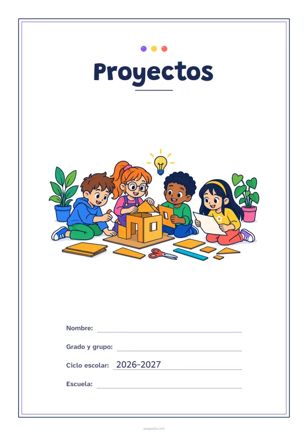 Portada de «Proyectos» a color, con un marco fino de doble línea y mucho blanco. Dibujo: cuatro niñas y niños que construyen juntos una maqueta de cartón, con pegamento, tijeras, una regla y un plano, una bombilla encendida y plantas.