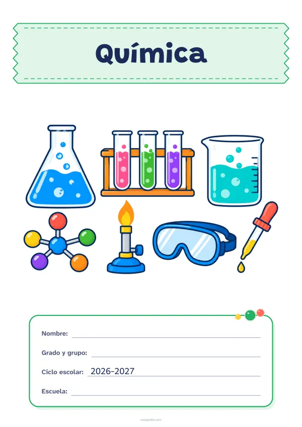 Portada de «Química» a color, con el título sobre una cinta de tela y los datos en una tarjeta. Dibujo: un matraz y un vaso de precipitados con burbujas, una gradilla con tres tubos de ensayo, un modelo de molécula, un mechero, unas gafas de seguridad y un cuentagotas.