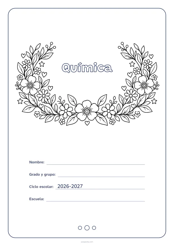 Portada de «Química» para colorear, con el título dentro de una corona de hojas y flores. Dibujo: una corona de hojas, flores, estrellas y corazones, abierta por arriba y con el centro vacío para el título.