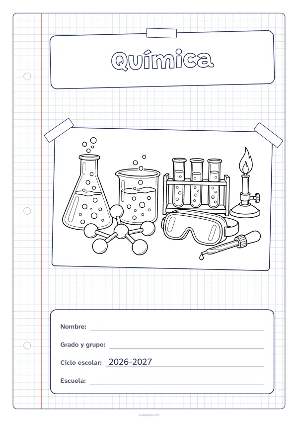 Portada de «Química» para colorear, con una hoja cuadriculada con margen, el título en un cartel y el dibujo pegado como una foto. Dibujo: un matraz y un vaso de precipitados con burbujas, una gradilla con tres tubos de ensayo, un modelo de molécula, un mechero, unas gafas de seguridad y un cuentagotas.