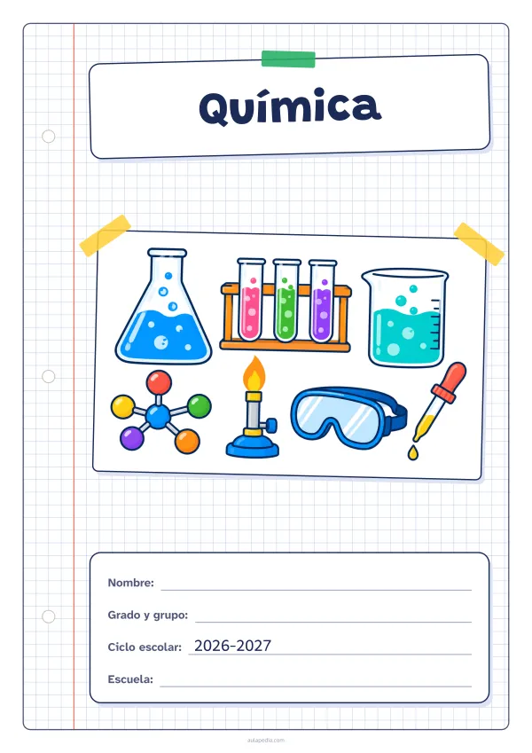 Portada de «Química» a color, con una hoja cuadriculada con margen, el título en un cartel y el dibujo pegado como una foto. Dibujo: un matraz y un vaso de precipitados con burbujas, una gradilla con tres tubos de ensayo, un modelo de molécula, un mechero, unas gafas de seguridad y un cuentagotas.