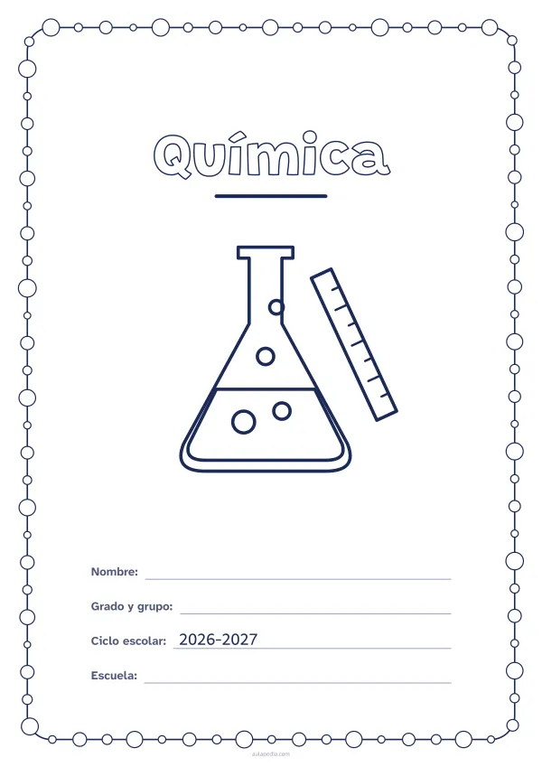 Portada de «Química» para colorear, con un marco redondeado de gomets de varios tamaños. Dibujo: un matraz con burbujas y una regla.