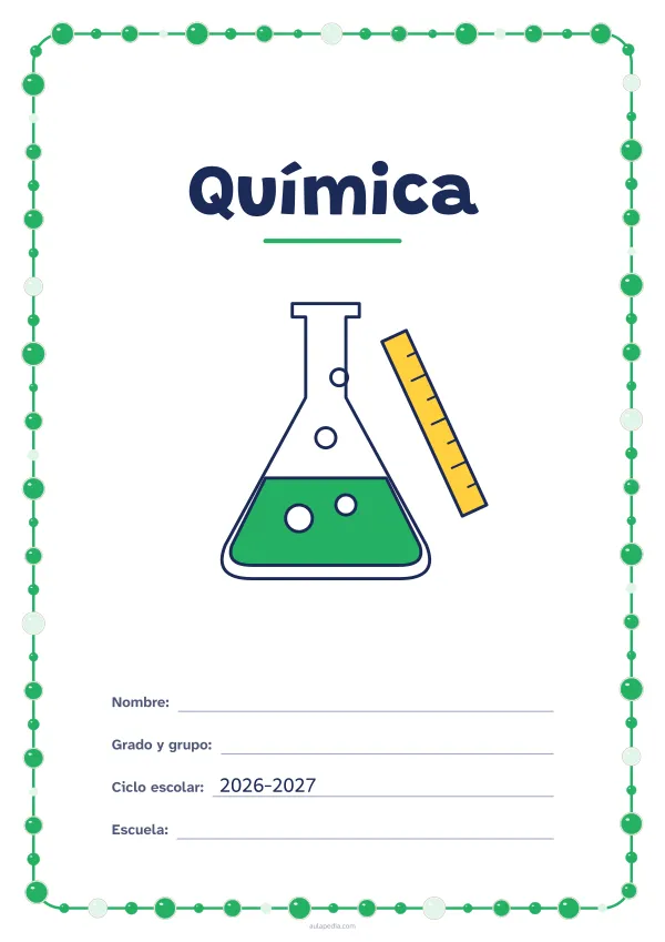 Portada de «Química» a color, con un marco redondeado de gomets de varios tamaños. Dibujo: un matraz con burbujas y una regla.