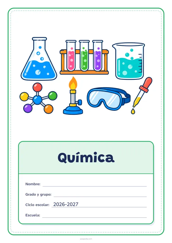 Portada de «Química» a color, con el dibujo arriba y, debajo, una gran etiqueta escolar con el título y los datos. Dibujo: un matraz y un vaso de precipitados con burbujas, una gradilla con tres tubos de ensayo, un modelo de molécula, un mechero, unas gafas de seguridad y un cuentagotas.