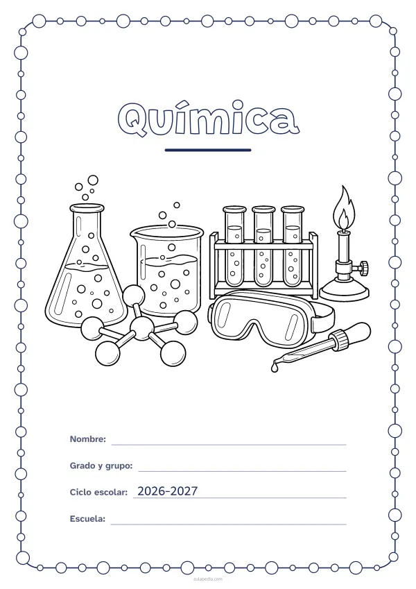 Portada de «Química» para colorear, con un marco redondeado de gomets de varios tamaños. Dibujo: un matraz y un vaso de precipitados con burbujas, una gradilla con tres tubos de ensayo, un modelo de molécula, un mechero, unas gafas de seguridad y un cuentagotas.