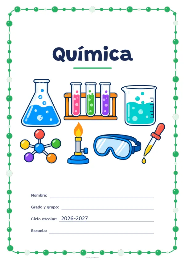 Portada de «Química» a color, con un marco redondeado de gomets de varios tamaños. Dibujo: un matraz y un vaso de precipitados con burbujas, una gradilla con tres tubos de ensayo, un modelo de molécula, un mechero, unas gafas de seguridad y un cuentagotas.
