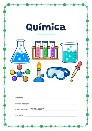 Portada de «Química» a color, con un marco redondeado de gomets de varios tamaños. Dibujo: un matraz y un vaso de precipitados con burbujas, una gradilla con tres tubos de ensayo, un modelo de molécula, un mechero, unas gafas de seguridad y un cuentagotas.