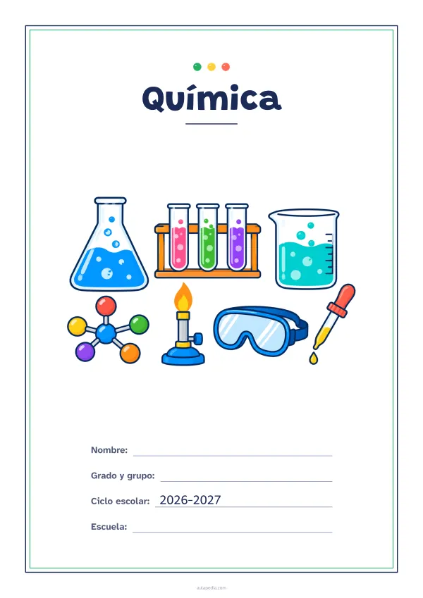 Portada de «Química» a color, con un marco fino de doble línea y mucho blanco. Dibujo: un matraz y un vaso de precipitados con burbujas, una gradilla con tres tubos de ensayo, un modelo de molécula, un mechero, unas gafas de seguridad y un cuentagotas.