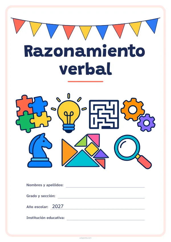 Portada de «Razonamiento verbal» a color, con una guirnalda de banderines sobre el título. Dibujo: piezas de rompecabezas, una bombilla, un laberinto, engranajes, un caballo de ajedrez, piezas geométricas y una lupa.