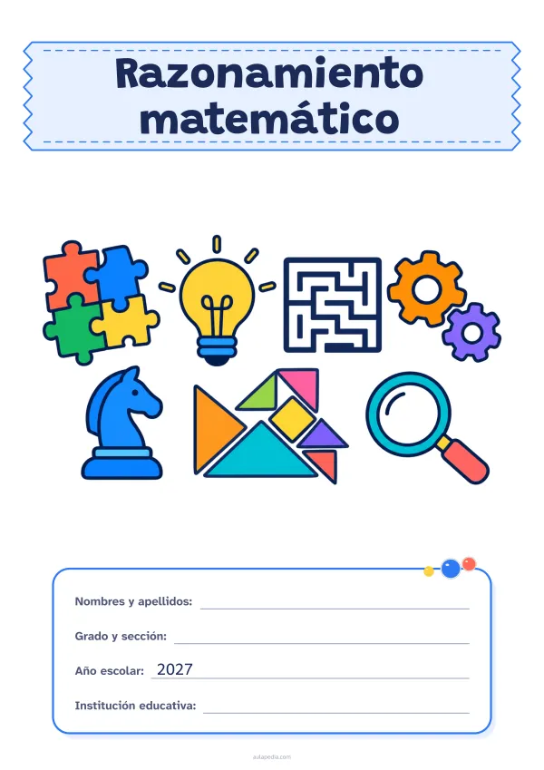 Portada de «Razonamiento matemático» a color, con el título sobre una cinta de tela y los datos en una tarjeta. Dibujo: piezas de rompecabezas, una bombilla, un laberinto, engranajes, un caballo de ajedrez, piezas geométricas y una lupa.