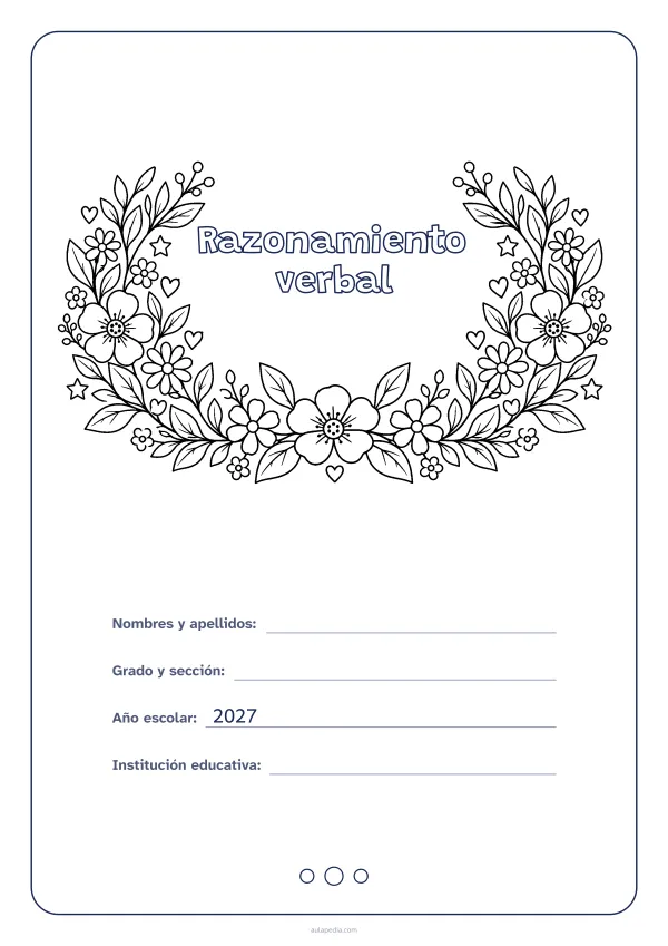 Portada de «Razonamiento verbal» para colorear, con el título dentro de una corona de hojas y flores. Dibujo: una corona de hojas, flores, estrellas y corazones, abierta por arriba y con el centro vacío para el título.