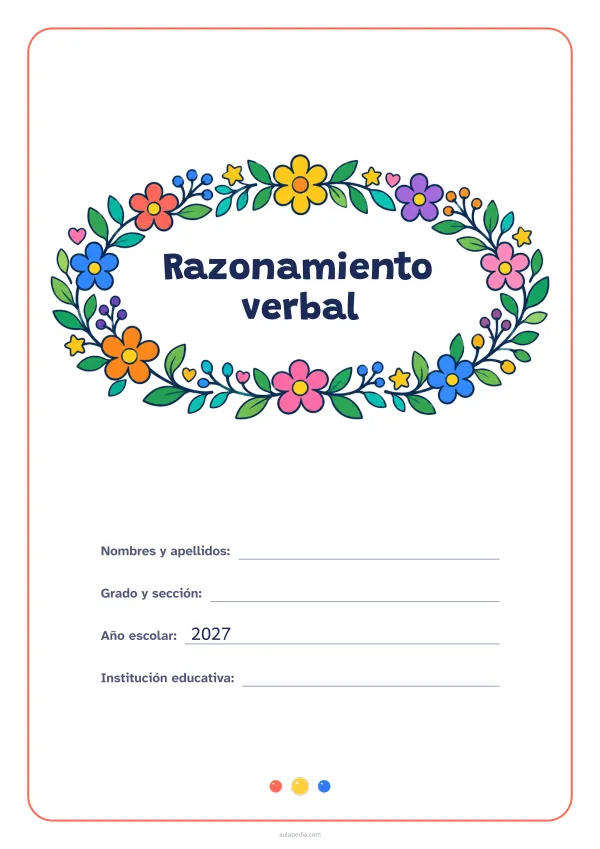Portada de «Razonamiento verbal» a color, con el título dentro de una corona de hojas y flores. Dibujo: una corona ovalada de hojas, flores, estrellas y corazones, con el centro vacío para el título.