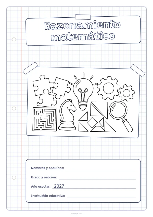 Portada de «Razonamiento matemático» para colorear, con una hoja cuadriculada con margen, el título en un cartel y el dibujo pegado como una foto. Dibujo: piezas de rompecabezas, una bombilla, un laberinto, engranajes, un caballo de ajedrez, piezas geométricas y una lupa.