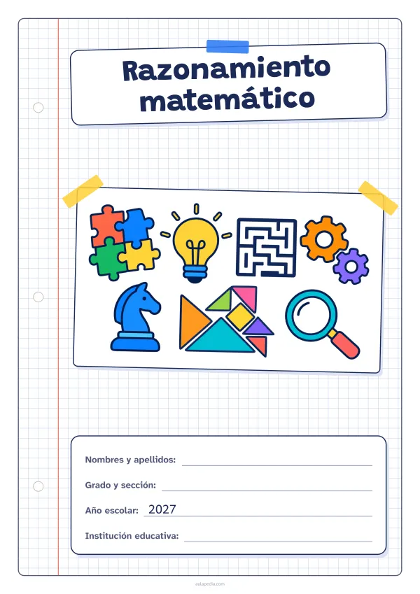 Portada de «Razonamiento matemático» a color, con una hoja cuadriculada con margen, el título en un cartel y el dibujo pegado como una foto. Dibujo: piezas de rompecabezas, una bombilla, un laberinto, engranajes, un caballo de ajedrez, piezas geométricas y una lupa.