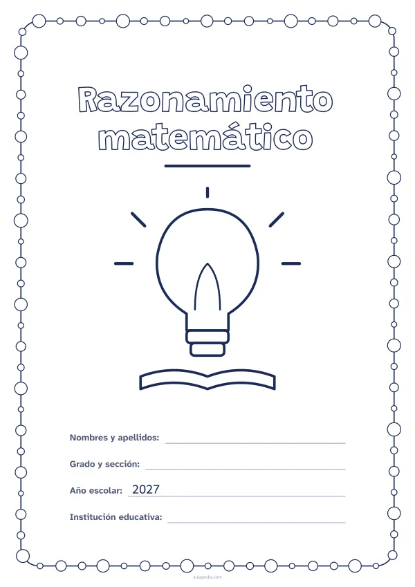Portada de «Razonamiento matemático» para colorear, con un marco redondeado de gomets de varios tamaños. Dibujo: una bombilla encendida sobre un libro.