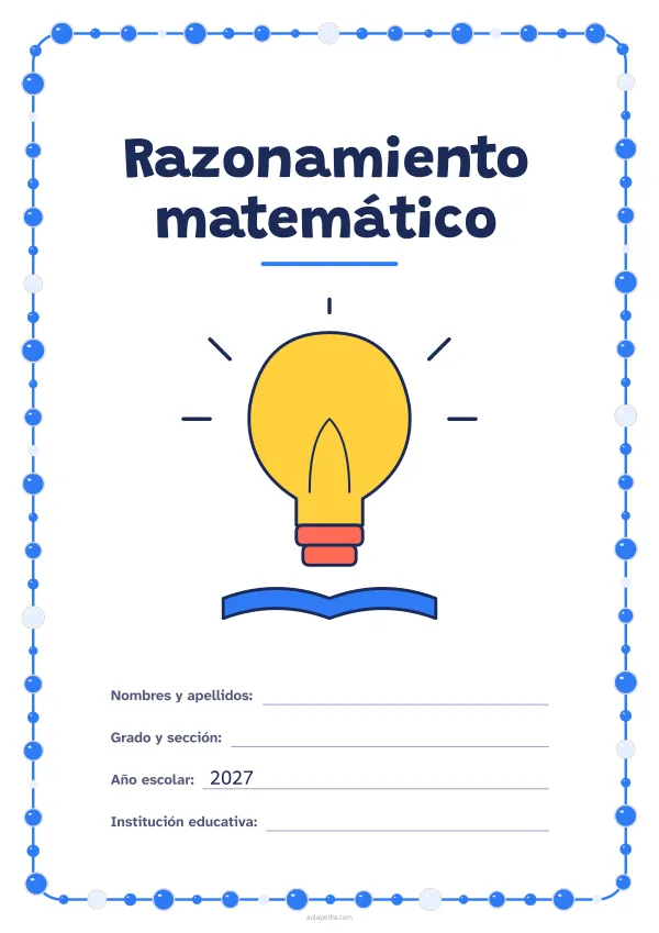 Portada de «Razonamiento matemático» a color, con un marco redondeado de gomets de varios tamaños. Dibujo: una bombilla encendida sobre un libro.