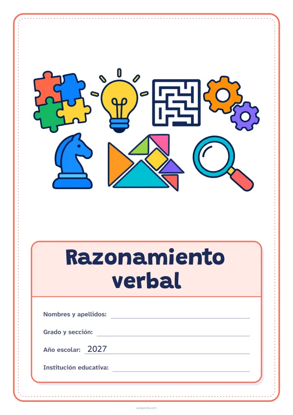 Portada de «Razonamiento verbal» a color, con el dibujo arriba y, debajo, una gran etiqueta escolar con el título y los datos. Dibujo: piezas de rompecabezas, una bombilla, un laberinto, engranajes, un caballo de ajedrez, piezas geométricas y una lupa.