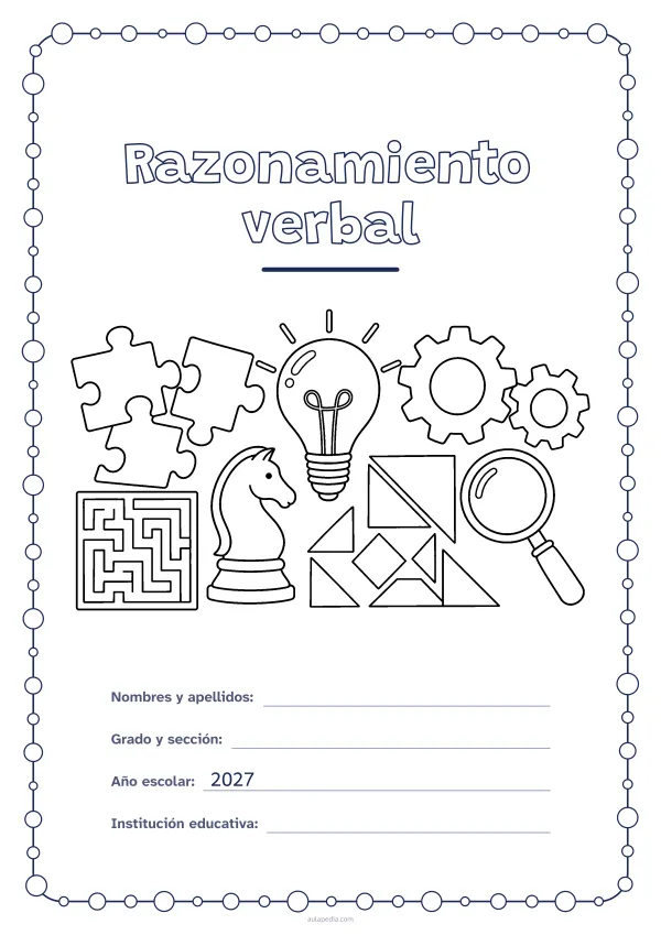Portada de «Razonamiento verbal» para colorear, con un marco redondeado de gomets de varios tamaños. Dibujo: piezas de rompecabezas, una bombilla, un laberinto, engranajes, un caballo de ajedrez, piezas geométricas y una lupa.