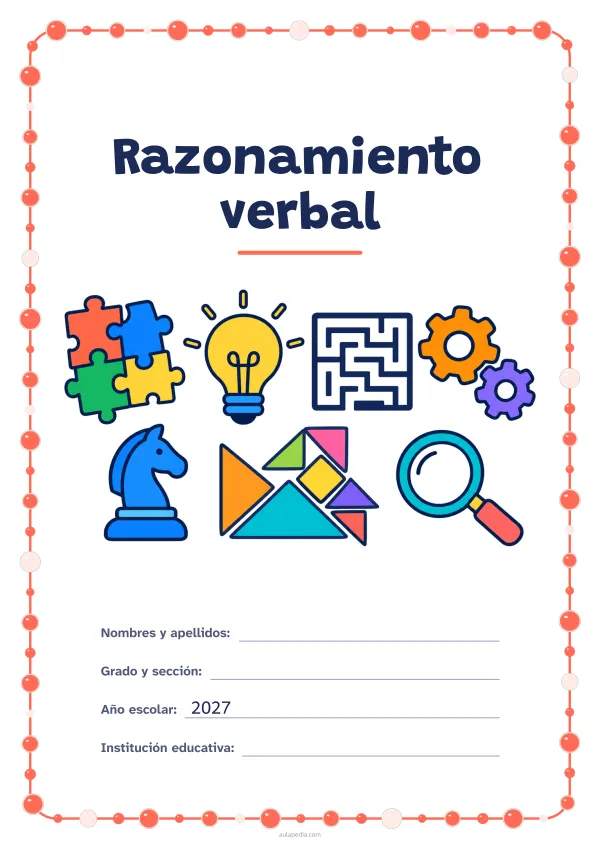 Portada de «Razonamiento verbal» a color, con un marco redondeado de gomets de varios tamaños. Dibujo: piezas de rompecabezas, una bombilla, un laberinto, engranajes, un caballo de ajedrez, piezas geométricas y una lupa.
