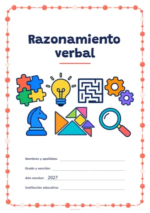 Portada de «Razonamiento verbal» a color, con un marco redondeado de gomets de varios tamaños. Dibujo: piezas de rompecabezas, una bombilla, un laberinto, engranajes, un caballo de ajedrez, piezas geométricas y una lupa.