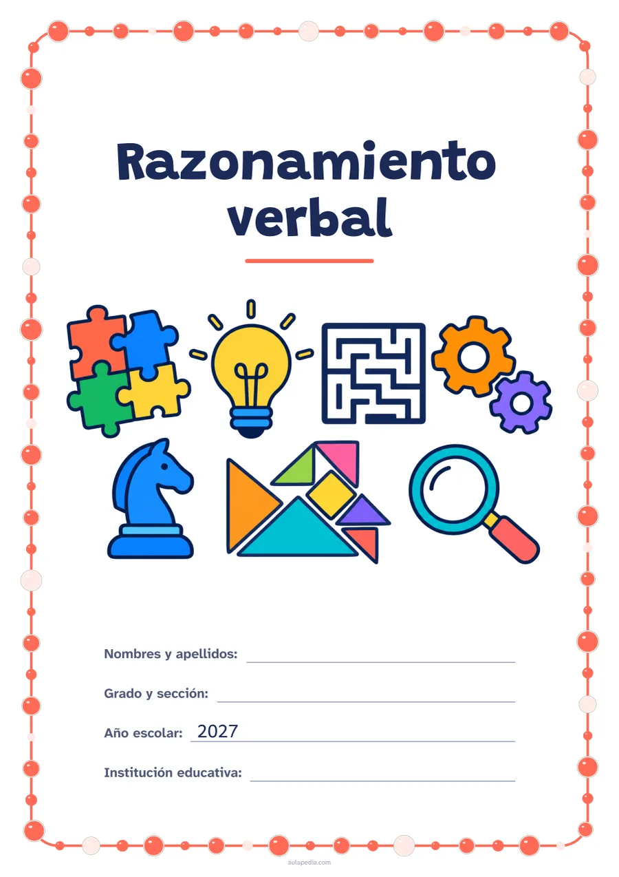 Portada de «Razonamiento verbal» a color, con un marco redondeado de gomets de varios tamaños. Dibujo: piezas de rompecabezas, una bombilla, un laberinto, engranajes, un caballo de ajedrez, piezas geométricas y una lupa.