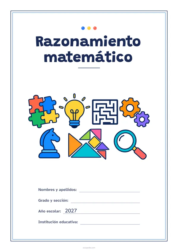 Portada de «Razonamiento matemático» a color, con un marco fino de doble línea y mucho blanco. Dibujo: piezas de rompecabezas, una bombilla, un laberinto, engranajes, un caballo de ajedrez, piezas geométricas y una lupa.