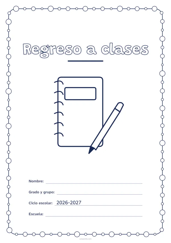 Portada de «Regreso a clases» para colorear, con un marco redondeado de gomets de varios tamaños. Dibujo: un cuaderno de espiral y un lápiz.