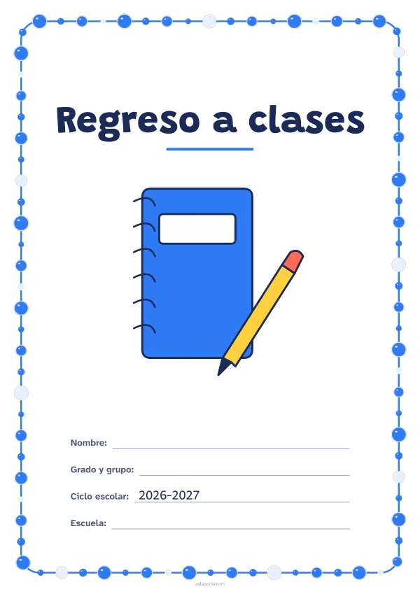 Portada de «Regreso a clases» a color, con un marco redondeado de gomets de varios tamaños. Dibujo: un cuaderno de espiral y un lápiz.