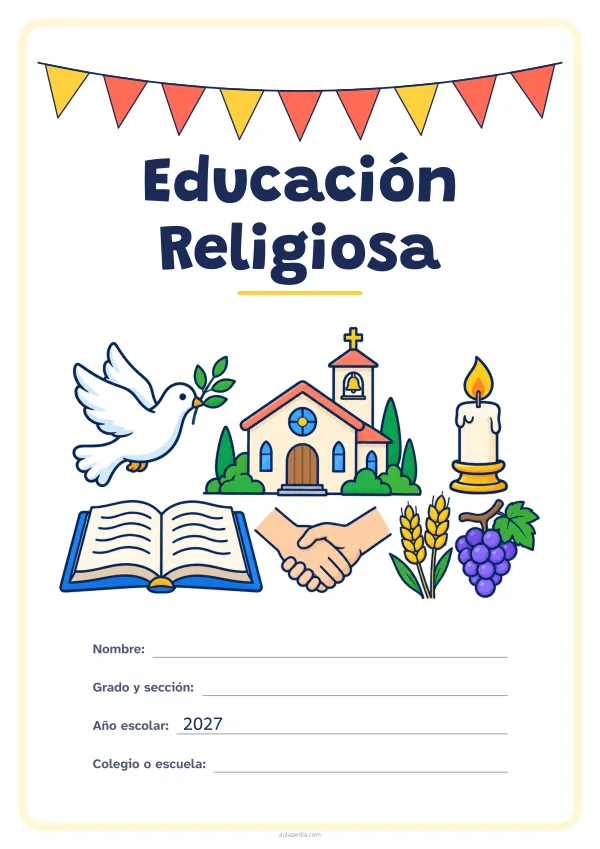 Portada de «Educación Religiosa» a color, con una guirnalda de banderines sobre el título. Dibujo: una paloma con una rama de olivo, una capilla, una vela encendida, un libro abierto, dos manos que se estrechan, espigas de trigo y un racimo de uvas.