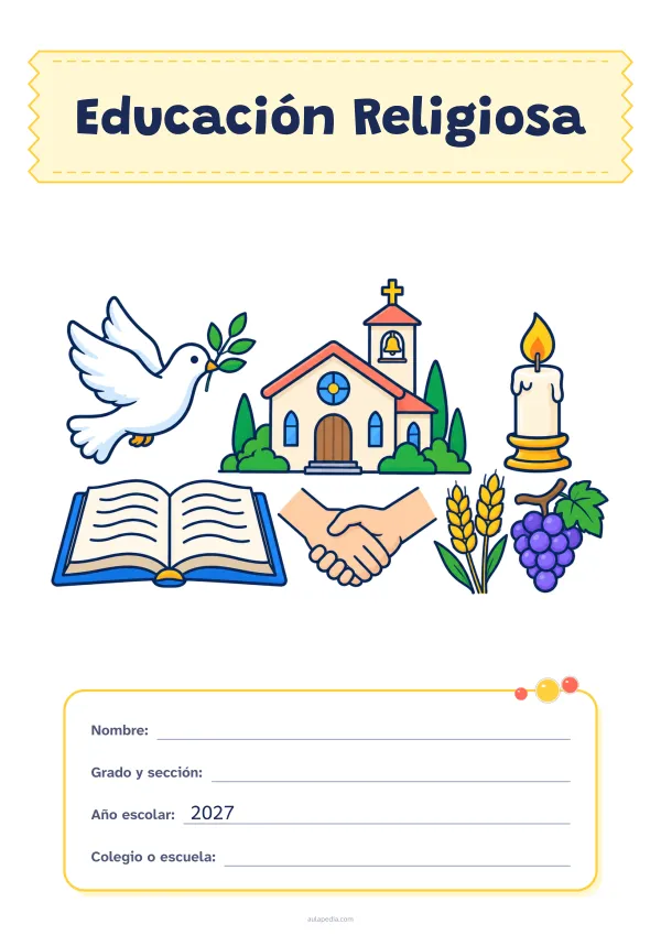 Portada de «Educación Religiosa» a color, con el título sobre una cinta de tela y los datos en una tarjeta. Dibujo: una paloma con una rama de olivo, una capilla, una vela encendida, un libro abierto, dos manos que se estrechan, espigas de trigo y un racimo de uvas.