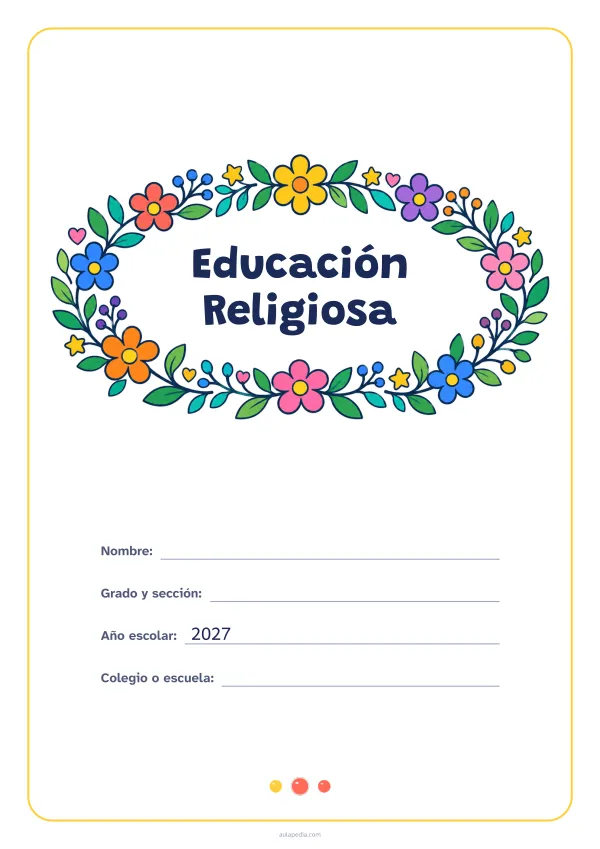 Portada de «Educación Religiosa» a color, con el título dentro de una corona de hojas y flores. Dibujo: una corona ovalada de hojas, flores, estrellas y corazones, con el centro vacío para el título.
