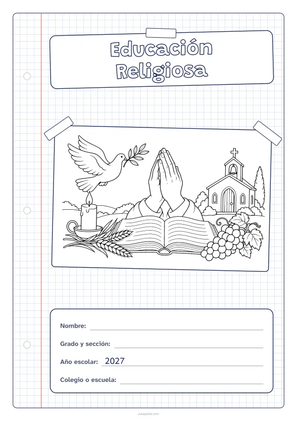Portada de «Educación Religiosa» para colorear, con una hoja cuadriculada con margen, el título en un cartel y el dibujo pegado como una foto. Dibujo: una paloma con una rama de olivo, una vela, unas manos en oración, una capilla, un libro abierto, espigas de trigo y un racimo de uvas.