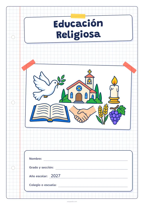 Portada de «Educación Religiosa» a color, con una hoja cuadriculada con margen, el título en un cartel y el dibujo pegado como una foto. Dibujo: una paloma con una rama de olivo, una capilla, una vela encendida, un libro abierto, dos manos que se estrechan, espigas de trigo y un racimo de uvas.