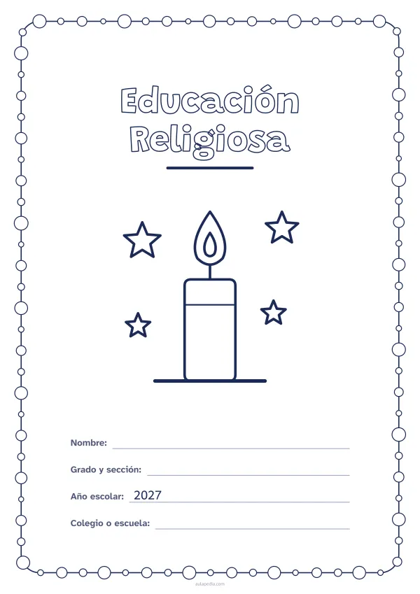 Portada de «Educación Religiosa» para colorear, con un marco redondeado de gomets de varios tamaños. Dibujo: una vela encendida y cuatro estrellas.