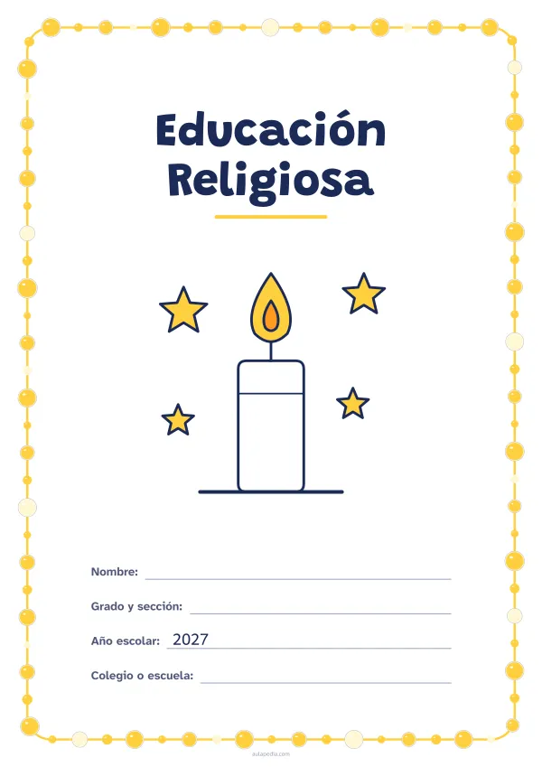 Portada de «Educación Religiosa» a color, con un marco redondeado de gomets de varios tamaños. Dibujo: una vela encendida y cuatro estrellas.