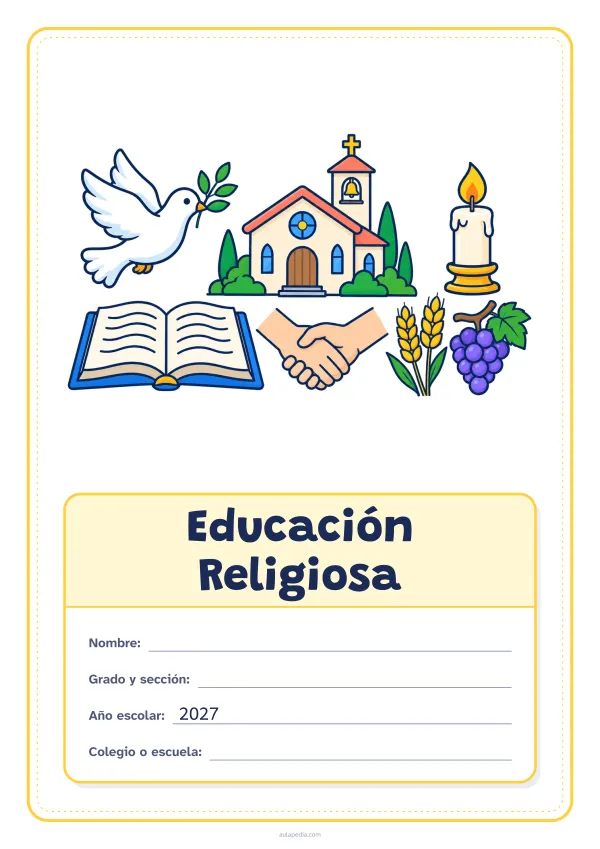 Portada de «Educación Religiosa» a color, con el dibujo arriba y, debajo, una gran etiqueta escolar con el título y los datos. Dibujo: una paloma con una rama de olivo, una capilla, una vela encendida, un libro abierto, dos manos que se estrechan, espigas de trigo y un racimo de uvas.
