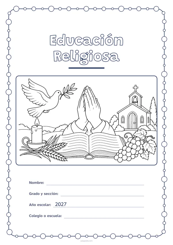 Portada de «Educación Religiosa» para colorear, con un marco redondeado de gomets de varios tamaños. Dibujo: una paloma con una rama de olivo, una vela, unas manos en oración, una capilla, un libro abierto, espigas de trigo y un racimo de uvas.