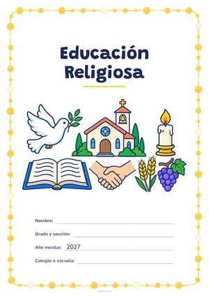 Portada de «Educación Religiosa» a color, con un marco redondeado de gomets de varios tamaños. Dibujo: una paloma con una rama de olivo, una capilla, una vela encendida, un libro abierto, dos manos que se estrechan, espigas de trigo y un racimo de uvas.
